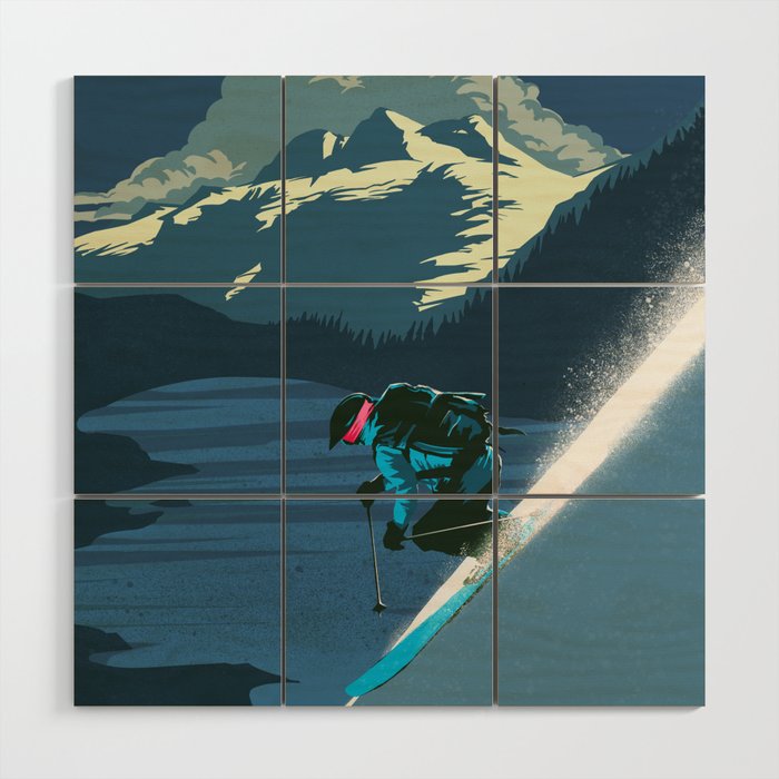 Retro Sunset Alpine Ski Travel Poster Wood Wall Art