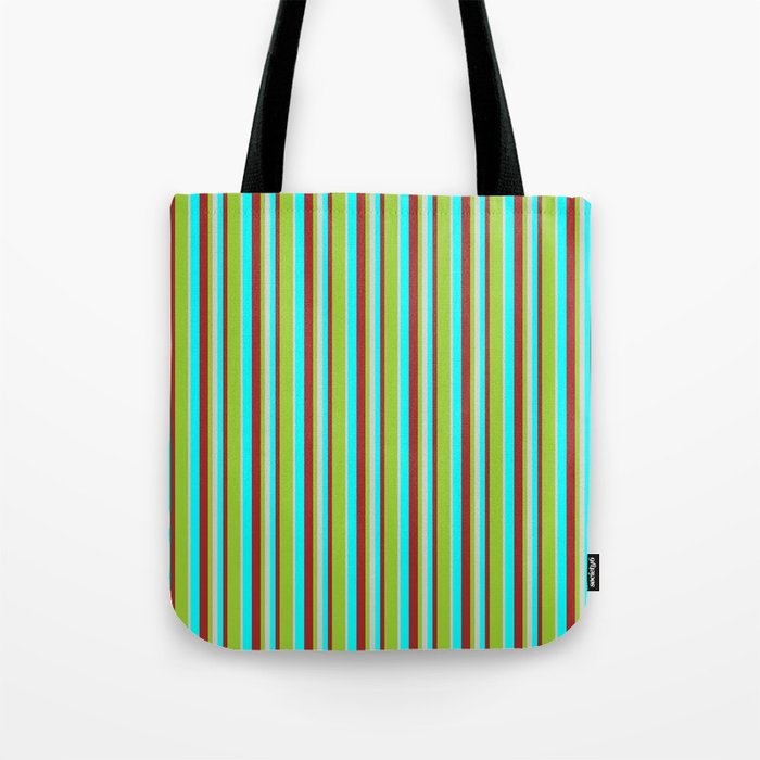Aqua, Brown, Green & Light Grey Colored Striped Pattern Tote Bag