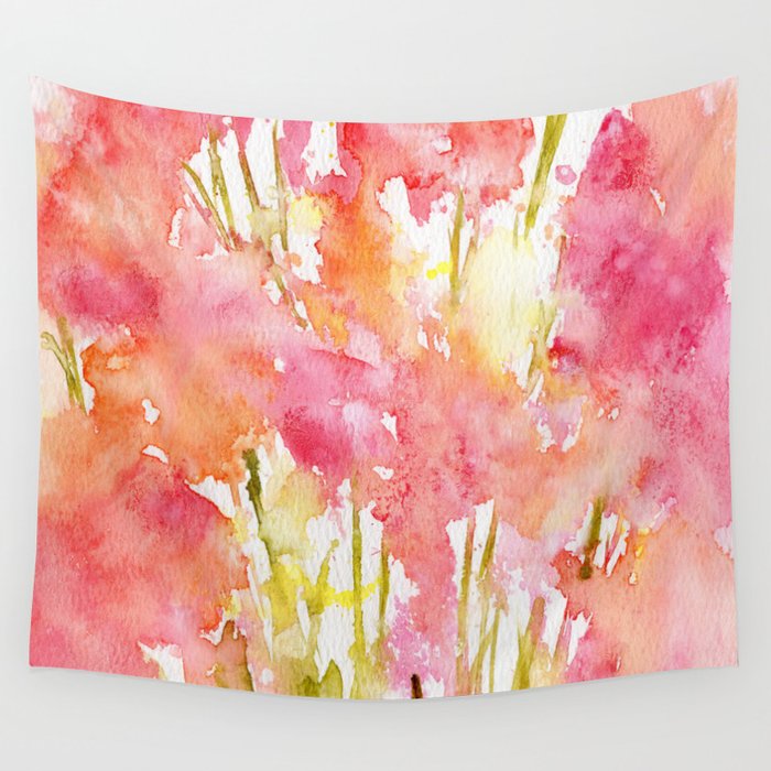 Tangerine & Red Watercolor Florals  Wall Tapestry