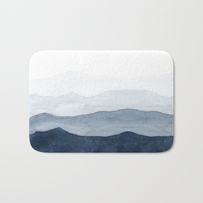 Indigo Abstract Watercolor Mountains Badematte | Gemälde, Aquarell, Indigo, Blau, Berge, Landscape, Fog, Foggy, Natur, Abstrakt
