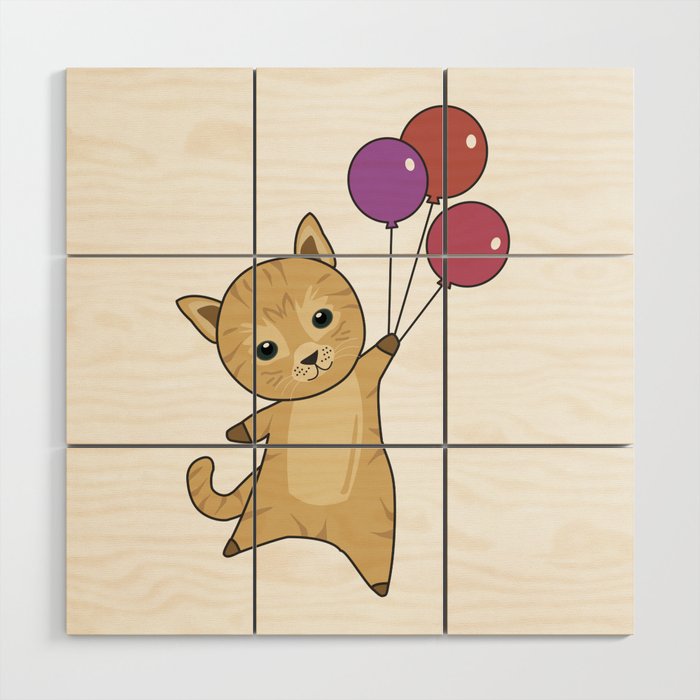 Cat Flies Up With Colorful Balloons Wood Wall Art