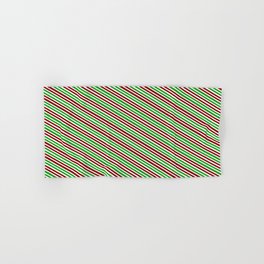 [ Thumbnail: Christmas-Themed Red, White, and Green Colored Lined Pattern Hand & Bath Towel ]