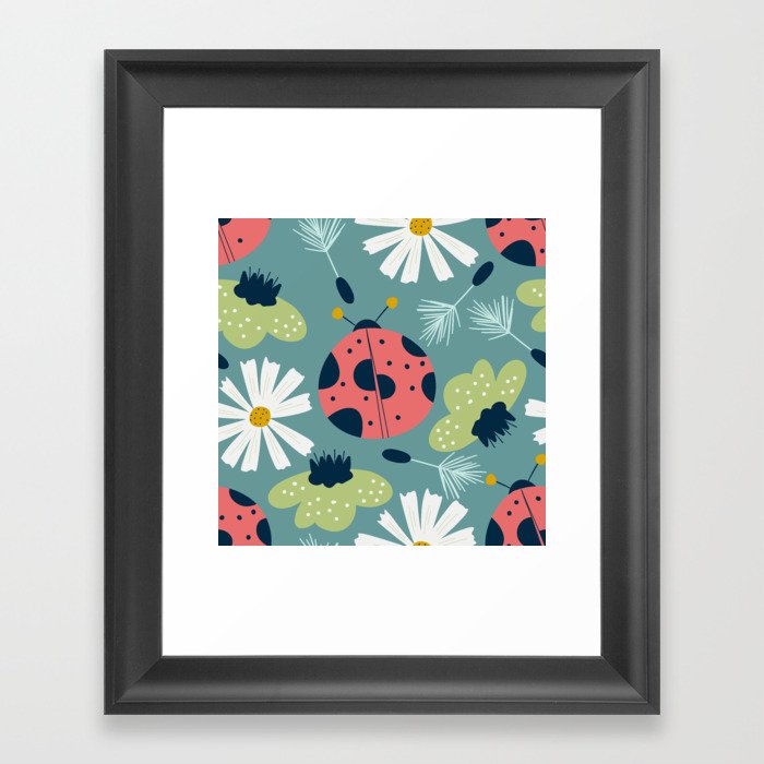 Spring seamless pattern with ladybug and flower Framed Art Print