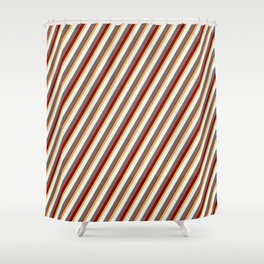 [ Thumbnail: Brown, Beige, Dim Gray, and Dark Red Colored Lined Pattern Shower Curtain ]