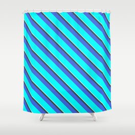 [ Thumbnail: Mint Cream, Dark Slate Gray, Royal Blue, and Aqua Colored Lines Pattern Shower Curtain ]