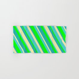 [ Thumbnail: Lime, Light Sea Green, Pale Goldenrod & Turquoise Colored Stripes/Lines Pattern Hand & Bath Towel ]