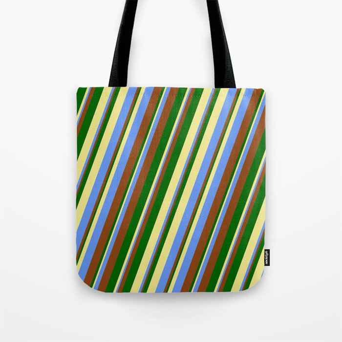 Tan, Cornflower Blue, Brown, and Dark Green Colored Lines/Stripes Pattern Tote Bag