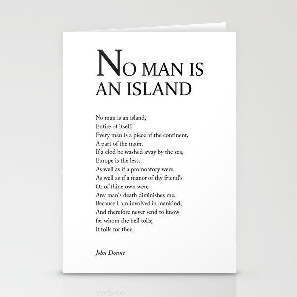 No Man Is An Island - John Donne Poem - Literature - Typography Print 1 Stationery Cards