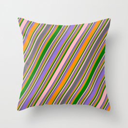 [ Thumbnail: Colorful Light Pink, Dim Grey, Purple, Dark Orange & Green Colored Stripes Pattern Throw Pillow ]