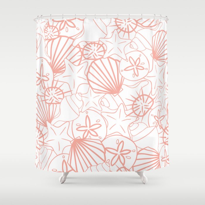 Coral Pink Seashells On White Shower Curtain By