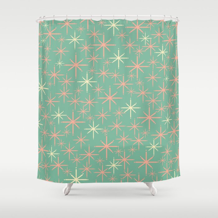 Starbursts Mid Century Modern Retro Pattern in Blush Pink, Cream, and Mint Teal Shower Curtain