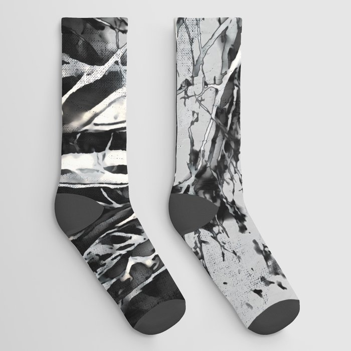 Pale Moon Forest Landscape Scenery in expressionistic in monochromatic black and white tones Socks