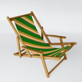 [ Thumbnail: Eyecatching Dark Green, Dark Goldenrod, Beige, Coral & Dark Olive Green Colored Lined Pattern Sling Chair ]