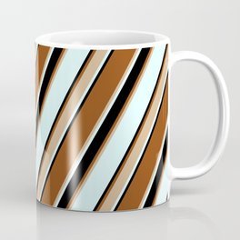 [ Thumbnail: Brown, Tan, Light Cyan & Black Colored Striped/Lined Pattern Coffee Mug ]
