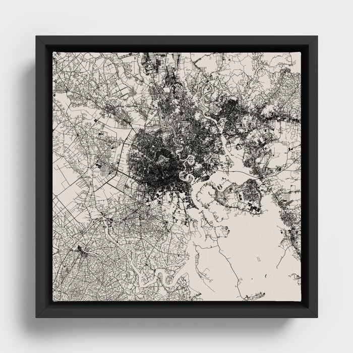 Saigon, Vietnam - Black & White City Map - mancave, world, cup, asia, maps, canvas, state, vintage Framed Canvas