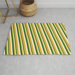 [ Thumbnail: Dark Green, Beige, and Goldenrod Colored Stripes/Lines Pattern Rug ]