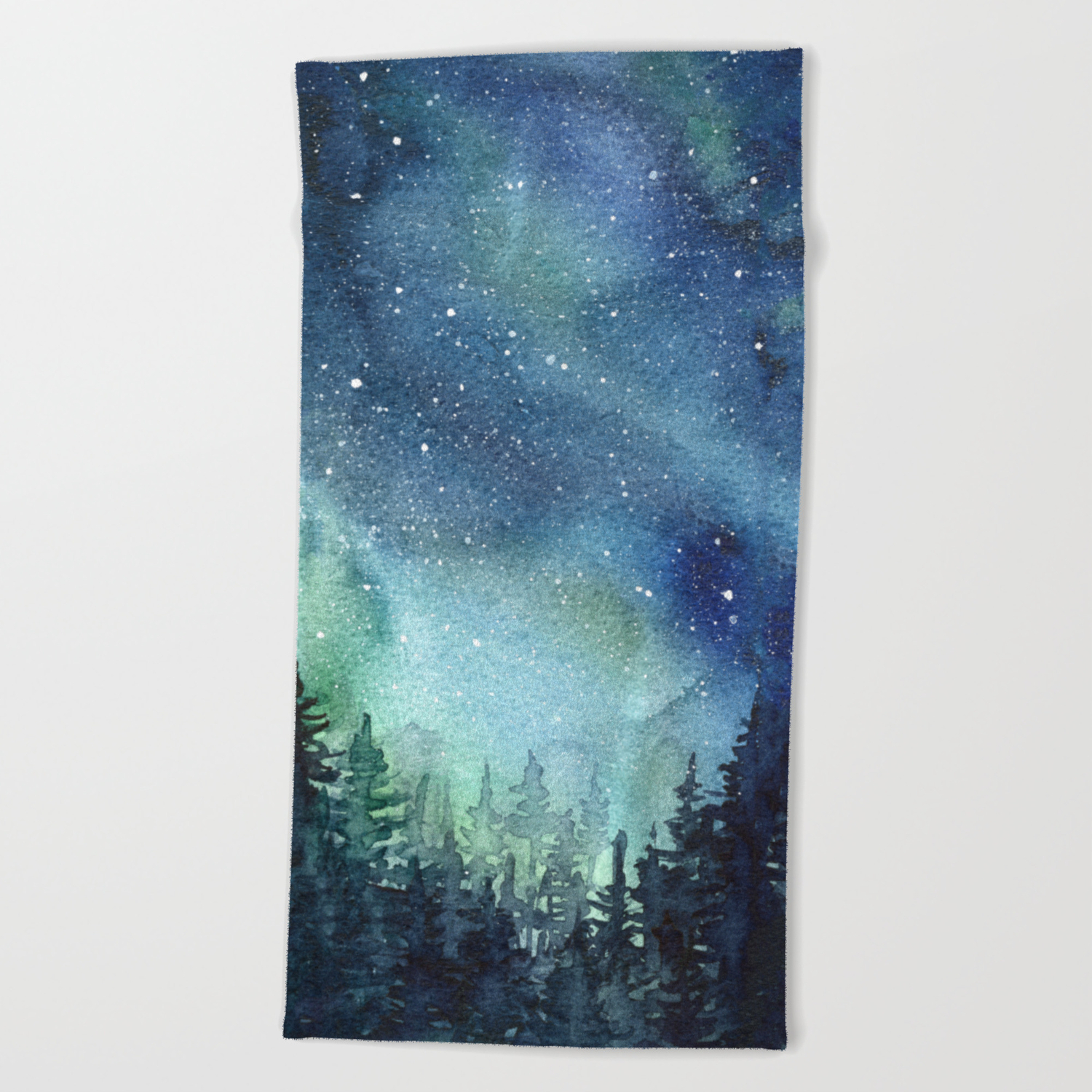 Galaxy Watercolor Aurora Borealis Painting Beach Towel By Olechka