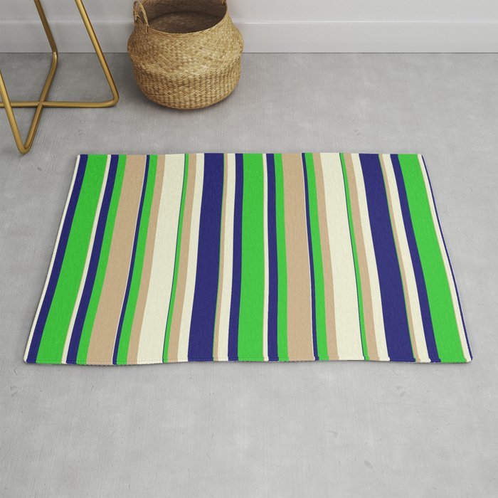 Midnight Blue, Lime Green, Tan & Beige Colored Stripes/Lines Pattern Rug