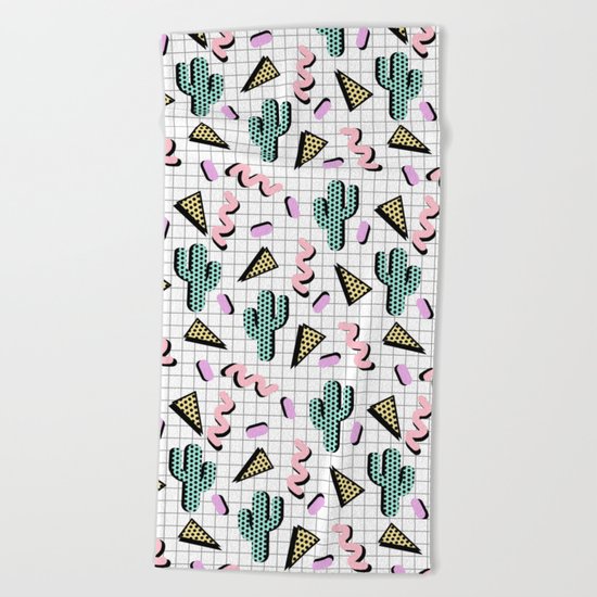 Sweetness - memphis retro grid cactus pastel neon 80s style classic socal beach life surf desert art Beach Towel