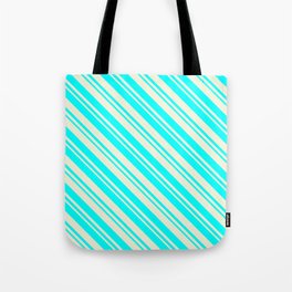 [ Thumbnail: Beige & Cyan Colored Pattern of Stripes Tote Bag ]