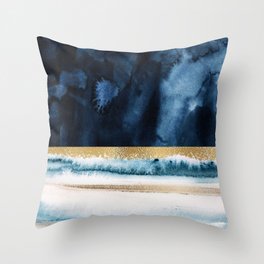 Navy Blue, Gold And White Abstract Watercolor Art Throw Pillow