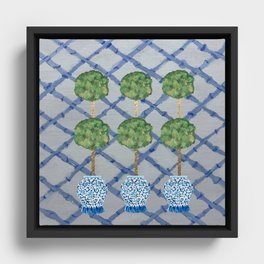 Blue Lattice Ginger Jars Topiary  Framed Canvas