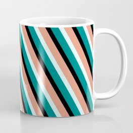 [ Thumbnail: Dark Salmon, Light Cyan, Teal & Black Colored Lined/Striped Pattern Coffee Mug ]
