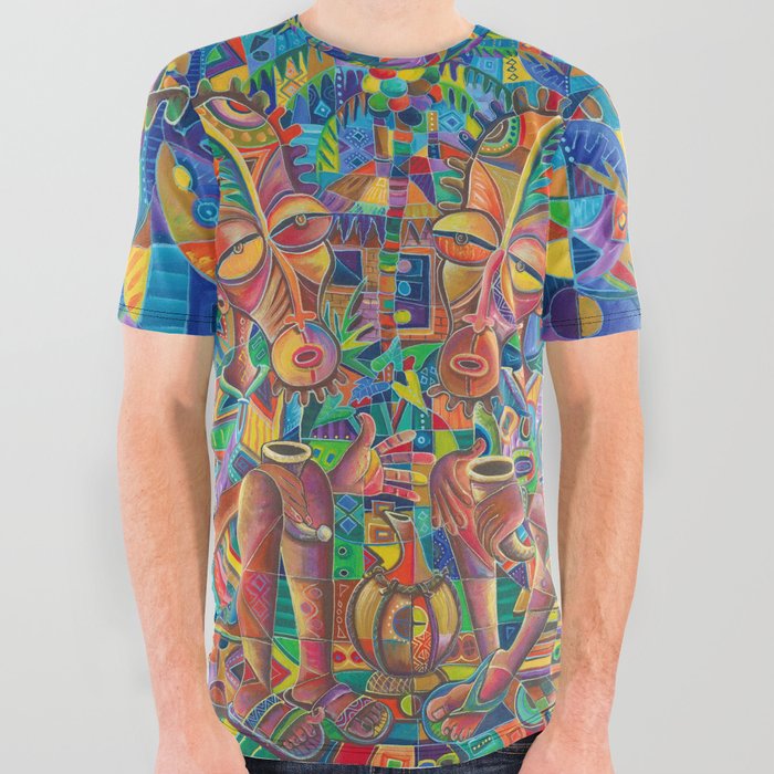 The Happy Villagers IV painting of traditional African village life All Over Graphic Tee | Painting, Acrylic, Coffee, Tea, African-village, Africa, Cameroon, Friends, Village-life, African-village-life