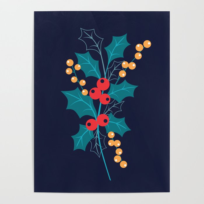 Christmas Holly Berry leaves blue decor Poster