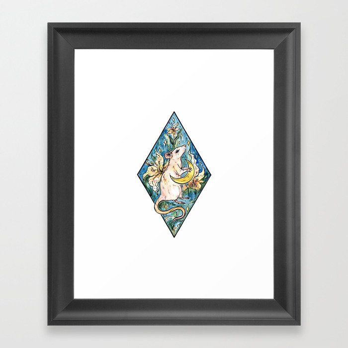 Rat with moon and lily ~ watercolor illustration Framed Art Print
