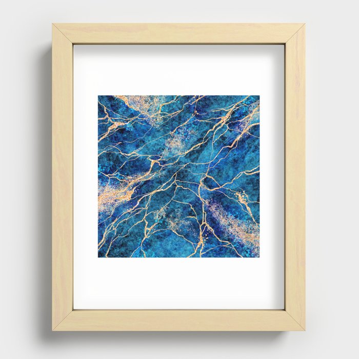 Ripples of Midnight Blue + Gold Marble Abstract Art Recessed Framed Print