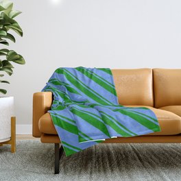 [ Thumbnail: Green and Cornflower Blue Colored Pattern of Stripes Throw Blanket ]