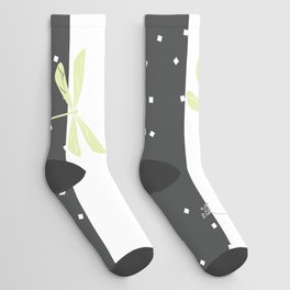 yellow Lime Dragonfly dandelion seeds Christmas seamless pattern and Snow white Confetti on Dark Grey and White Stripes Background Socks
