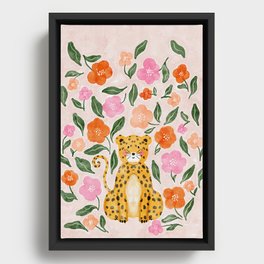 Adorable Floral Cheetah: Charming Watercolor Illustration Framed Canvas
