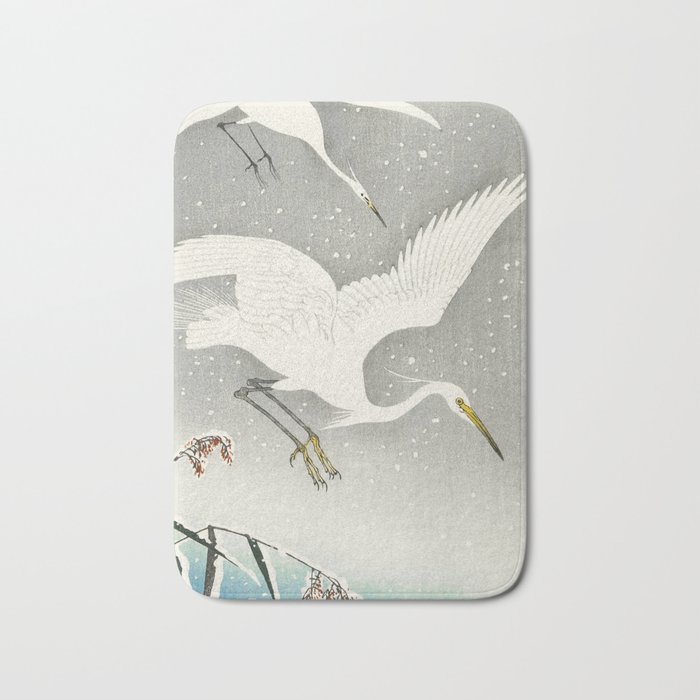 Egrets Descending from the sky - Vintage Japanese Woodblock Print Art Bath Mat