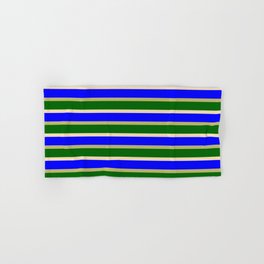 [ Thumbnail: Eyecatching Tan, Blue, Dark Khaki & Dark Green Lines Pattern Hand & Bath Towel ]