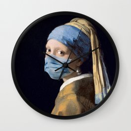 Girl with a Pearl Earring with Mask Wall Clock