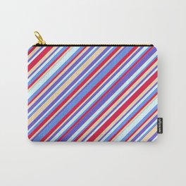 [ Thumbnail: Colorful Tan, Slate Blue, Light Cyan, Cornflower Blue & Crimson Colored Stripes Pattern Carry-All Pouch ]