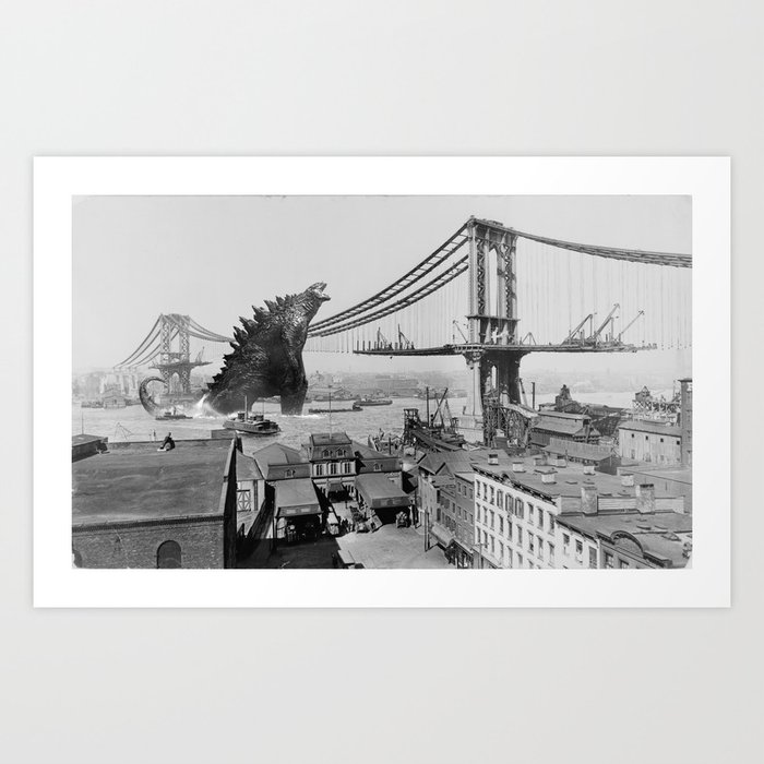 Old Time Godzilla Manhattan Bridge Art Print