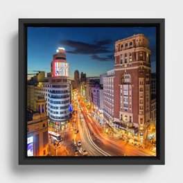 Spain Photography - Downtown Madrid Lit Up In The Night Framed Canvas