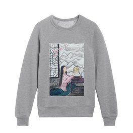 hand-painted watercolor chinese beauty by the window Kids Crewneck