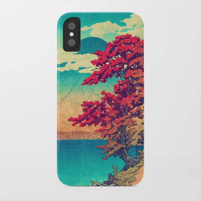 The New Year in Hisseii - Autumn Tree & Mountain by the Ocean Ukiyoe Nature Landscape in Red & Blue iPhone Case