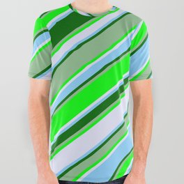 [ Thumbnail: Eye-catching Dark Sea Green, Lime, Lavender, Light Sky Blue, and Dark Green Colored Stripes Pattern All Over Graphic Tee ]