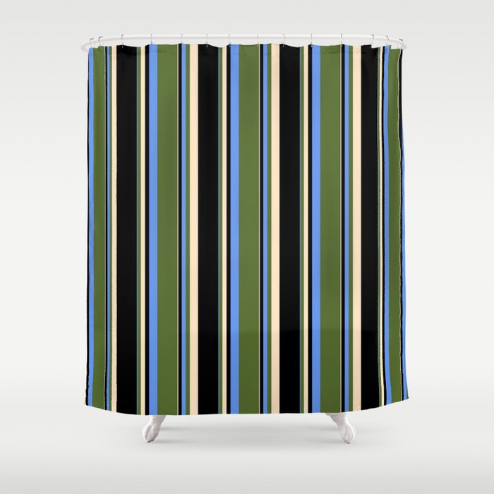 Cornflower Blue, Dark Olive Green, Bisque, and Black Colored Striped Pattern Shower Curtain