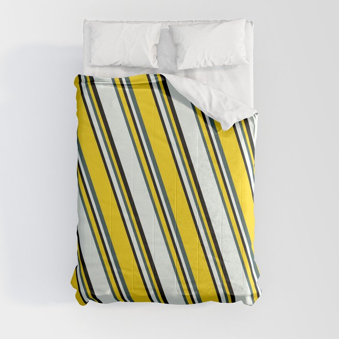 Yellow, Dark Slate Gray, Mint Cream & Black Colored Stripes/Lines Pattern Comforter