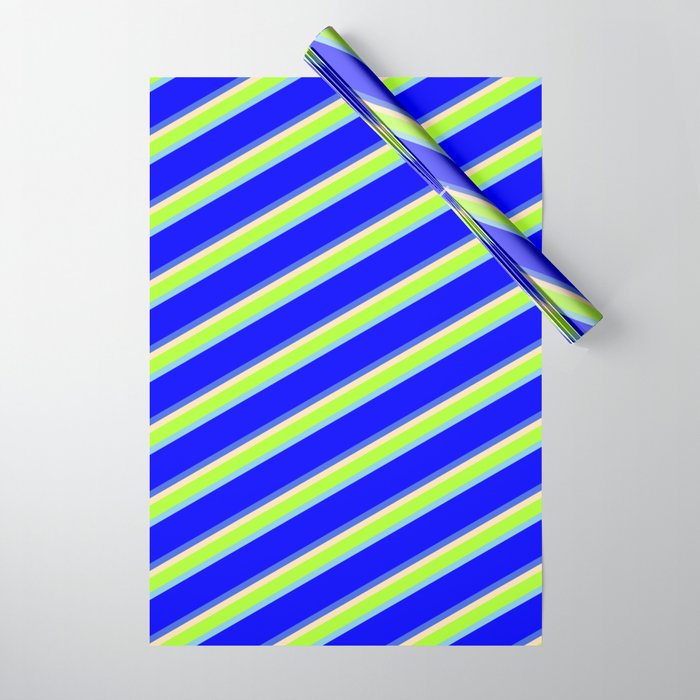 Beige, Light Green, Sky Blue, Blue & Royal Blue Colored Pattern of Stripes Wrapping Paper