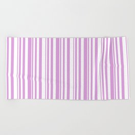 [ Thumbnail: White and Plum Colored Pattern of Stripes Beach Towel ]
