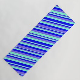 [ Thumbnail: Blue, Medium Slate Blue & Aquamarine Colored Pattern of Stripes Yoga Mat ]
