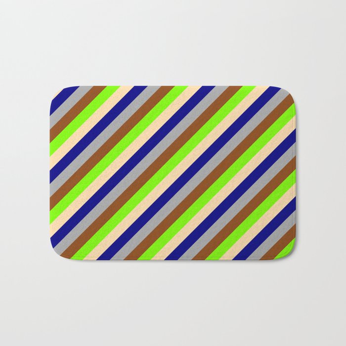 Eyecatching Green, Tan, Blue, Dark Grey, and Brown Colored Lined/Striped Pattern Bath Mat