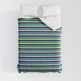 [ Thumbnail: Cornflower Blue, Forest Green, Lavender, and Black Colored Striped/Lined Pattern Duvet Cover ]